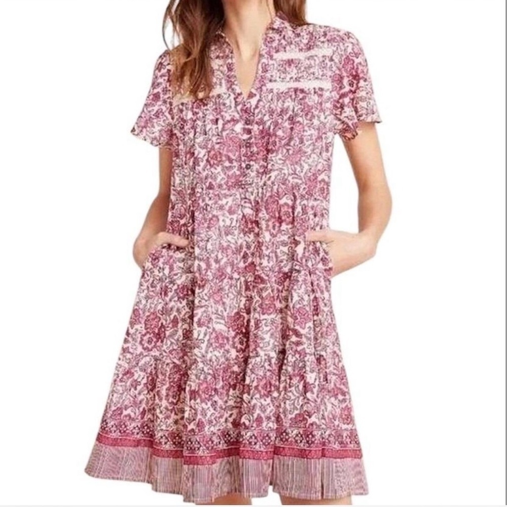 Anthropologie Pink and White Midi Shirt Dress